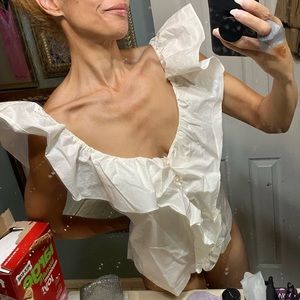 Marc New York white huge ruffle shirt top blouse cotton stretch statement L